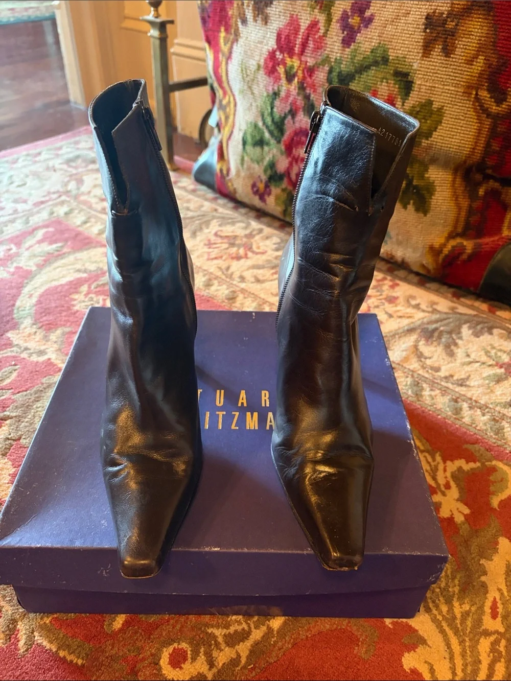 Stuart Weitzman Black Leather Pointed Ankle Booties